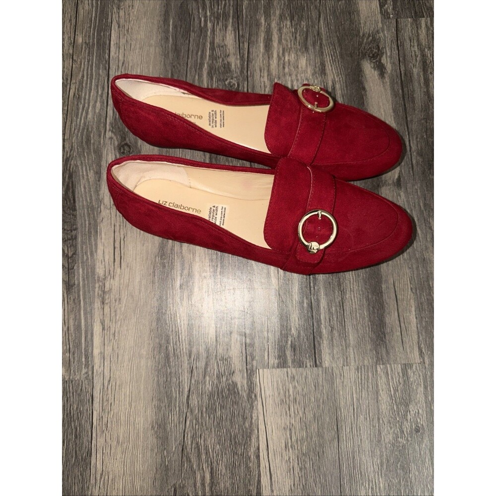 Liz Claiborne Remy Loafers 8W Red Suede Gold Hardware Flat Shoes - Picture 6 of 7